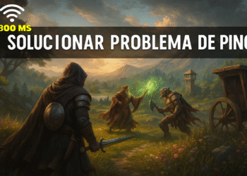 كيفية إصلاح ارتفاع معدل ping في الألعاب عبر الإنترنت - تغيير النص: شخصيات ألعاب خيالية في قتال في مشهد غروب الشمس في العصور الوسطى مع نص "إصلاح مشكلة ping" ورمز Wi-Fi مع "800 مللي ثانية" يوضح كيفية إصلاح ارتفاع معدل ping في الألعاب عبر الإنترنت.