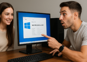 Wie überprüft man das Motherboard-Modell in Windows 11? – Ein junges Paar betrachtet aufgeregt das auf einem Windows 11-Computerbildschirm angezeigte Motherboard-Modell MSI PRO Z690-A WIFI und zeigt darauf, während sie einer Anleitung zum Überprüfen des Motherboard-Modells in Windows folgen.