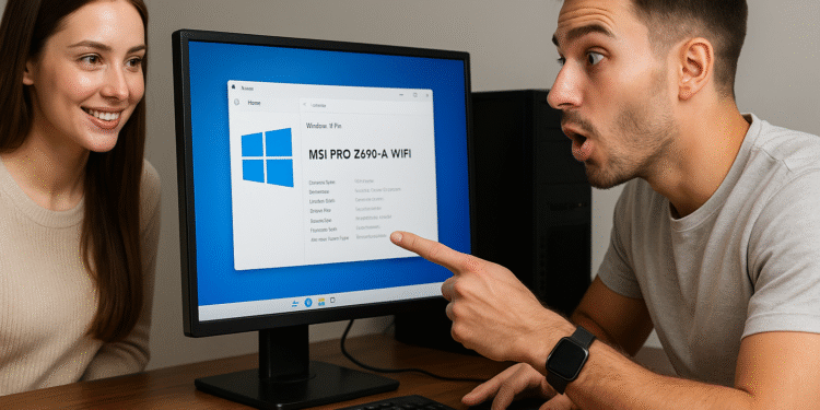 如何在 Windows 11 中检查主板型号？ - 一对年轻夫妇兴奋地看着并指着 Windows 11 电脑屏幕上显示的 MSI PRO Z690-A WIFI 主板型号，同时按照有关如何在 Windows 中检查主板型号的指南进行操作。