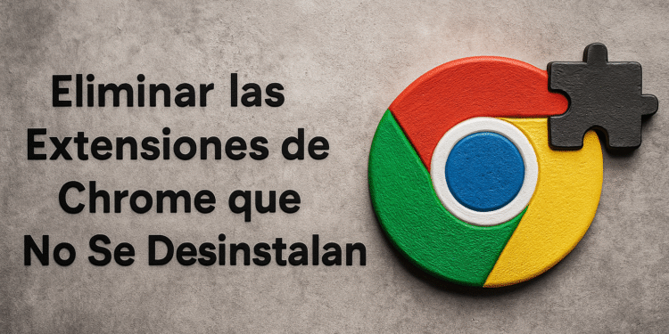 How to Remove Chrome Extensions - Alt text: "'Remove Chrome extensions that won't uninstall' text next to a Google Chrome logo with a black puzzle piece, illustrating how to remove stubborn extensions in Chrome."