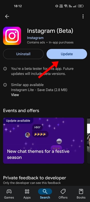 Reels-Entwürfe in Galerie 20 speichern Der Instagram-Bildschirm dient zur Überprüfung, ob die App auf dem neuesten Stand ist, bevor Reels-Entwürfe gespeichert werden.