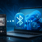 如何将 Windows 11 用作蓝牙音频接收器 - 手机通过蓝牙向 Windows 11 笔记本电脑播放音乐的图像，在蓝色科技背景上显示蓝牙图标和音符，说明如何将 Windows 11 用作蓝牙音频接收器。