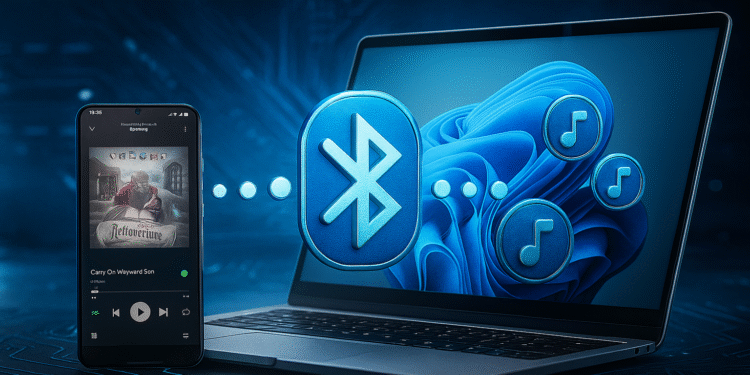 Windows 11을 Bluetooth 오디오 수신기로 사용하는 방법 - Bluetooth를 통해 Windows 11 노트북으로 음악을 재생하는 휴대폰 이미지. 파란색 기술 배경에 Bluetooth 아이콘과 음표가 표시되어 있으며, Windows 11을 Bluetooth 오디오 수신기로 사용하는 방법을 보여줍니다.