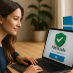 Jak sprawdzić, czy plik jest bezpieczny przed jego otwarciem — bez programu antywirusowego! 🛡️🚫 Jak sprawdzić, czy plik jest bezpieczny - Kobieta korzysta z laptopa, na ekranie którego wyświetla się komunikat bezpieczeństwa „Plik jest bezpieczny” z zieloną ikoną tarczy i znacznikiem wyboru, symbolizującym sposób sprawdzenia, czy plik jest bezpieczny w nowoczesnym środowisku komputerowym na tle logo systemu Windows.