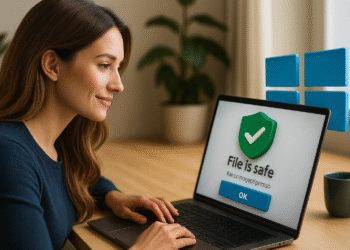 So prüfen Sie, ob eine Datei sicher ist – Eine Frau benutzt einen Laptop, auf dessen Bildschirm die Sicherheitsmeldung „Datei ist sicher“ mit einem grünen Schildsymbol und einem Häkchen angezeigt wird. Dies veranschaulicht, wie man in einer modernen Computerumgebung mit dem Windows-Logo im Hintergrund prüft, ob eine Datei sicher ist.