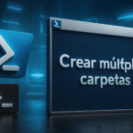 Crear múltiples carpetas en Windows 🚀 Ahorra tiempo YA con CMD y PowerShell Crear múltiples carpetas en Windows - Alt text: Interfaz digital con comandos de PowerShell en Windows mostrando el texto "Crear múltiples carpetas", ilustrando el proceso de crear varias carpetas simultáneamente en el sistema operativo Windows.