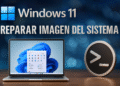DISM ใน Windows 11 - ข้อความอื่น: รูปภาพแสดงการซ่อมแซมอิมเมจระบบใน Windows 11 โดยใช้ DISM โดยมีแล็ปท็อปแสดงหน้าจอเริ่มต้นของ Windows 11 และไอคอนสัญลักษณ์เทอร์มินัล ซึ่งแสดงถึงเครื่องมือบรรทัดคำสั่งสำหรับการบำรุงรักษาระบบปฏิบัติการ