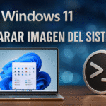 DISM لنظام التشغيل Windows 11: 3 خطوات لإصلاح الأخطاء الآن DISM في Windows 11 - نص بديل: صورة توضح إصلاح صورة النظام في Windows 11 باستخدام DISM، مع كمبيوتر محمول يعرض شاشة بدء Windows 11 وأيقونة رمز المحطة الطرفية، التي تمثل أدوات سطر الأوامر لصيانة نظام التشغيل.