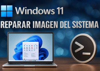 DISM ใน Windows 11 - ข้อความอื่น: รูปภาพแสดงการซ่อมแซมอิมเมจระบบใน Windows 11 โดยใช้ DISM โดยมีแล็ปท็อปแสดงหน้าจอเริ่มต้นของ Windows 11 และไอคอนสัญลักษณ์เทอร์มินัล ซึ่งแสดงถึงเครื่องมือบรรทัดคำสั่งสำหรับการบำรุงรักษาระบบปฏิบัติการ