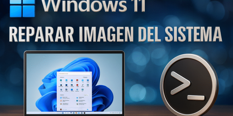 DISM in Windows 11 - Alt text: Image showing system image repair in Windows 11 using DISM, with a laptop displaying the Windows 11 start screen and a terminal symbol icon, representing command-line tools for operating system maintenance.
