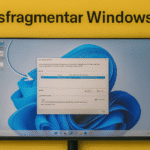 Desfragmentación en Windows 11 - Alt text: Pantalla de computadora mostrando el proceso de desfragmentación en Windows 11 con fondo amarillo y texto "Desfragmentar Windows 11".