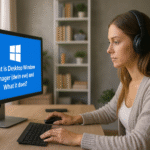 Desktop Window Manager - SEO friendly alt text: Woman wearing headphones working on a computer with a screen displaying the question "What is Desktop Window Manager (dwin eve) and What it does?" in a modern home office setting.
