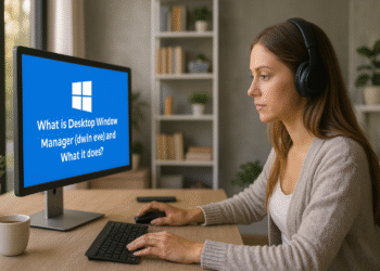 مدير نوافذ سطح المكتب - نص بديل صديق لمحركات البحث: امرأة ترتدي سماعات رأس تعمل على جهاز كمبيوتر بشاشة تعرض السؤال "ما هو مدير نوافذ سطح المكتب (dwin eve) وماذا يفعل؟" في بيئة مكتب منزلي حديث.