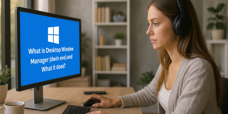 Desktop Window Manager - Teks alt yang ramah SEO: Wanita mengenakan headphone bekerja di depan komputer dengan layar yang menampilkan pertanyaan "Apa itu Desktop Window Manager (dwin eve) dan apa fungsinya?" dalam suasana kantor rumah modern.