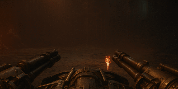 Doom The Dark Ages และอาวุธที่ดีที่สุด - ข้อความอื่น: มุมมองบุคคลที่หนึ่งของผู้เล่นใน Doom The Dark Ages แสดงให้เห็นอาวุธสองลำกล้องอันทรงพลังจากยุคมืดพร้อมเอฟเฟกต์ไฟในสภาพแวดล้อมที่มืดมิดและอึมครึมของเกม