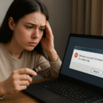 Windows USB'yi biçimlendiremedi hatası 💥: USB belleğinizi hemen onarın 👨💻 Windows hatası USB biçimlendirilemedi - Alt metin: Endişeli kadın dizüstü bilgisayarında USB'yi biçimlendirmeye çalışıyor ve "USB sürücüsü biçimlendirilemedi" Windows hatası alıyor, ekranda Tamam düğmesiyle birlikte hata mesajı görüntüleniyor.