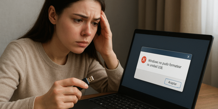 Windows hatası USB biçimlendirilemedi - Alt metin: Endişeli kadın dizüstü bilgisayarında USB'yi biçimlendirmeye çalışıyor ve "USB sürücüsü biçimlendirilemedi" Windows hatası alıyor, ekranda Tamam düğmesiyle birlikte hata mesajı görüntüleniyor.