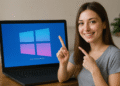 Funciones ocultas en Windows - Mujer sonriente señalando con ambos dedos hacia la pantalla de una laptop que muestra el logo de Windows en tonos azul y rosa, ilustrando funciones ocultas en Windows.
