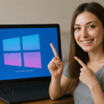 Fitur Tersembunyi Windows yang Wajib Kamu Aktifkan Sekarang! 🔥🔒 Tingkatkan Produktivitasmu Fitur Tersembunyi di Windows - Wanita tersenyum menunjuk dengan kedua jarinya ke layar laptop yang memperlihatkan logo Windows dalam warna biru dan merah muda, menggambarkan fitur tersembunyi di Windows.