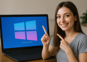 Funciones ocultas en Windows - Mujer sonriente señalando con ambos dedos hacia la pantalla de una laptop que muestra el logo de Windows en tonos azul y rosa, ilustrando funciones ocultas en Windows.