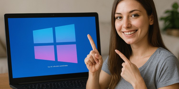 Windows'taki Gizli Özellikler - Gülümseyen kadın, Windows logosunun mavi ve pembe tonlarda gösterildiği dizüstü bilgisayar ekranını iki parmağıyla işaret ederek Windows'taki gizli özellikleri gösteriyor.