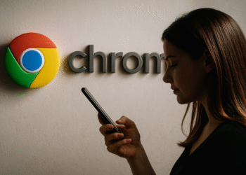 Android 上の Google Chrome とセキュリティ - 壁に掛かった大きな Google Chrome ロゴの前で Android 携帯電話を使用している女性が、Android デバイス上の Google Chrome のセキュリティとブラウジングについて強調しています。