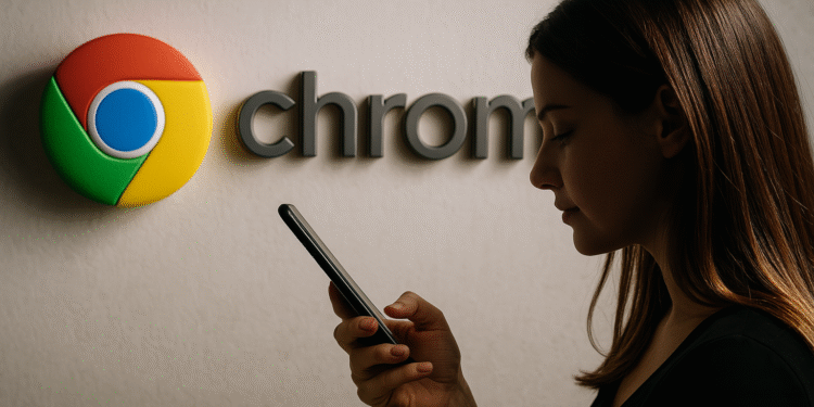 Google Chrome on Android and Security - Woman using an Android mobile phone in front of a large Google Chrome logo on a wall, highlighting security and browsing in Google Chrome on Android devices.