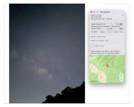 Cielo estrellado fotografiado con un iPhone 12 Pro y datos de captura visibles