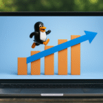Linux en PCs modernas - Alt text: "Portátil moderno con pantalla que muestra gráfico ascendente y mascota Tux de Linux saltando, simbolizando el crecimiento y adopción de Linux en PCs modernas."