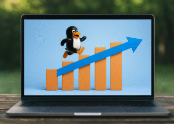 Modern Bilgisayarlarda Linux - Alternatif metin: "Yükselen grafik ve zıplayan Linux Tux maskotu gösteren ekrana sahip modern dizüstü bilgisayar, modern bilgisayarlarda Linux'un büyümesini ve benimsenmesini simgeliyor."