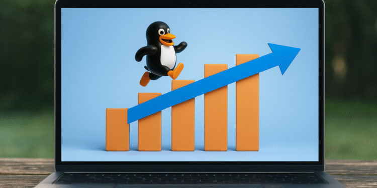 现代 PC 上的 Linux - 替代文本：“现代笔记本电脑的屏幕上显示上升的图形和跳跃的 Linux Tux 吉祥物，象征着 Linux 在现代 PC 上的增长和采用。”