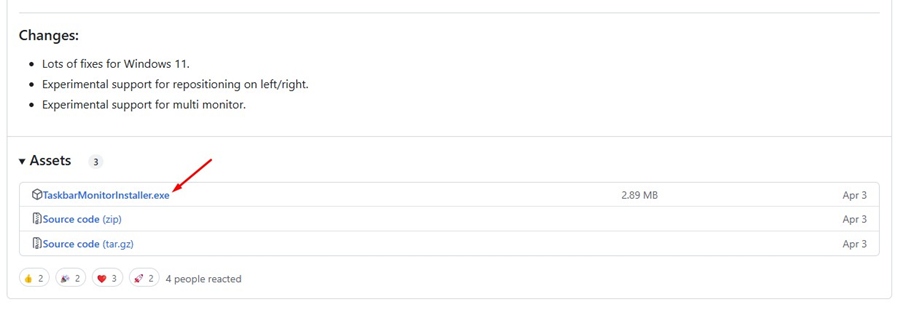 مُثبِّت Taskbar Monitor لنظام التشغيل Windows 11 يُظهِر خيارات التنزيل