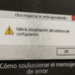 Otra instancia ya se está ejecutando - Alt text: Ventana emergente de error en computadora con el mensaje "Otra instancia se está ejecutando" y advertencia de fallo en la inicialización del sistema de configuración, con botón OK visible, sobre fondo oscuro con texto "Cómo solucionar el mensaje de error".