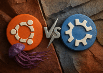 Ubuntu ve Kubuntu - Alt metin: Ubuntu ve Kubuntu'nun karşılaştırması Linux işletim sistemi logoları, solda turuncu Ubuntu logosu ve sağda mavi Kubuntu logosu, dokulu taş zemin üzerinde gümüş bir "vs" sembolüyle ayrılmış.