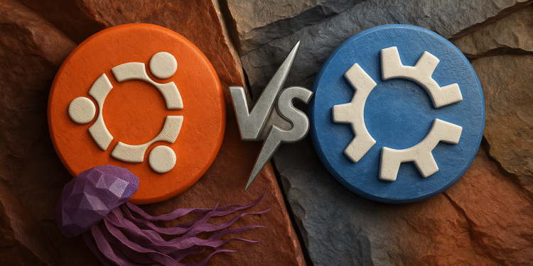 Ubuntu против Kubuntu — альтернативный текст: Сравнение логотипов операционных систем Linux Ubuntu и Kubuntu, на котором слева изображен оранжевый логотип Ubuntu, а справа — синий логотип Kubuntu, разделенные серебряным символом «v» на текстурированном каменном фоне.