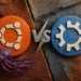 Ubuntu vs Kubuntu - Teks alternatif: Perbandingan logo sistem operasi Linux Ubuntu vs Kubuntu, menampilkan logo Ubuntu berwarna oranye di sebelah kiri dan logo Kubuntu berwarna biru di sebelah kanan, dipisahkan oleh simbol "vs" berwarna perak pada latar belakang batu bertekstur.