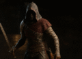 ใช้ได้สองแบบใน Oblivion Remastered - ข้อความอื่น: ตัวละครที่มีฮู้ดสวมเกราะเบา ใช้ดาบและธนูในมือในเกม Oblivion Remastered ในฉากแฟนตาซีอันมืดมิด