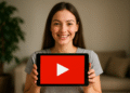 YouTube Shorts ke MP4 - Wanita muda tersenyum sambil memegang tablet yang menampilkan logo tombol putar YouTube, yang melambangkan konversi video YouTube Shorts ke MP4.