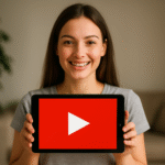 Convertir des courts métrages YouTube en MP4 : Top 5 des outils rapides et gratuits 🔥⚡ YouTube Shorts en MP4 - Une jeune femme souriante tout en tenant une tablette affichant le logo du bouton de lecture YouTube, représentant la conversion vidéo YouTube Shorts en MP4.