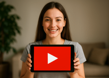 YouTube Shorts ke MP4 - Wanita muda tersenyum sambil memegang tablet yang menampilkan logo tombol putar YouTube, yang melambangkan konversi video YouTube Shorts ke MP4.