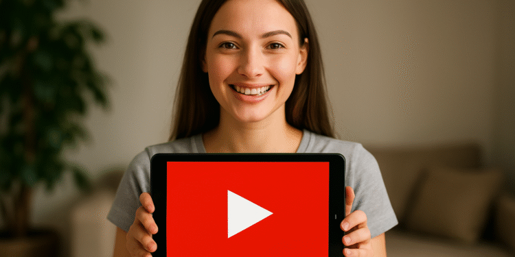 YouTube Shorts в MP4 — Молодая женщина улыбается, держа в руках планшет с логотипом кнопки воспроизведения YouTube, символизирующим конвертацию видео YouTube Shorts в MP4.