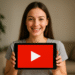 YouTube Shorts 到 MP4 - 年轻女子微笑着拿着一台显示 YouTube 播放按钮徽标的平板电脑，代表 YouTube Shorts 到 MP4 视频的转换。