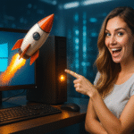 ¿Cómo actualizar a Windows 11 en un equipo antiguo? - Mujer sonriente señalando una computadora con el logo de Windows y un cohete despegando desde la pantalla, simbolizando la actualización rápida a Windows 11 en un equipo antiguo.