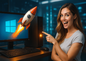 Wie kann ich auf einem älteren Computer auf Windows 11 aktualisieren? – Lächelnde Frau zeigt auf einen Computer mit dem Windows-Logo und einer vom Bildschirm abhebenden Rakete, was das schnelle Upgrade auf Windows 11 auf einem älteren Computer symbolisiert.