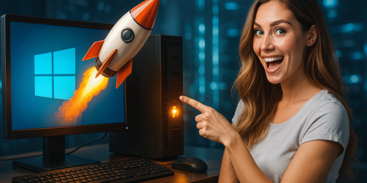如何在旧电脑上升级到 Windows 11？ - 微笑的女人指着一台带有 Windows 徽标的计算机，屏幕上有一枚火箭升空，象征着在旧电脑上快速升级到 Windows 11。