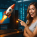 ¿Cómo actualizar a Windows 11 en un equipo antiguo? ¡Acelera tu PC ya! 🚀💻 8 ¿Cómo actualizar a Windows 11 en un equipo antiguo? - Mujer sonriente señalando una computadora con el logo de Windows y un cohete despegando desde la pantalla, simbolizando la actualización rápida a Windows 11 en un equipo antiguo.