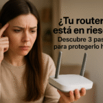 Ваш маршрутизатор под угрозой? - Обеспокоенная женщина держит белый беспроводной маршрутизатор, размышляя о безопасности своей домашней сети. На размытом фоне интерьера изображен текст на испанском языке: «Ваш маршрутизатор под угрозой? Узнайте 3 шага для его защиты сегодня».