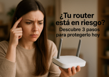 Ist Ihr Router gefährdet? – Eine besorgte Frau hält einen weißen WLAN-Router in der Hand und denkt über die Sicherheit ihres Heimnetzwerks nach. Im Hintergrund ist ein verschwommener Innenraum zu sehen, auf dem in spanischer Sprache steht: „Ist Ihr Router gefährdet? Entdecken Sie 3 Schritte, um ihn noch heute zu schützen.“