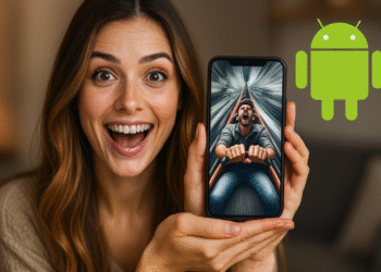 Ist Ihr Android-Telefon langsam? 3 geheime Tricks, um es jetzt zu beschleunigen – Alternativtext: Aufgeregte Frau zeigt ein Telefon mit dem Bild eines Mannes auf einer rasanten Achterbahn, neben dem Android-Logo, das geheime Tricks zur Beschleunigung eines langsamen Android-Telefons veranschaulicht.