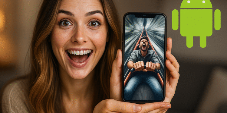 ¿Tu móvil Android va lento? 3 trucos secretos para acelerarlo ya - Alt text: Mujer emocionada mostrando un móvil con una imagen de un hombre en una montaña rusa en movimiento rápido, junto al logo de Android, ilustrando trucos secretos para acelerar un móvil Android lento.